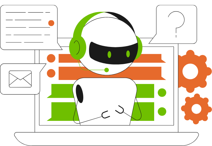 Ein stilisierter Roboter mit Laptop, umgeben von Symbolen für Chat, Fragen und Technik, die digitale Unterstützung darstellen.